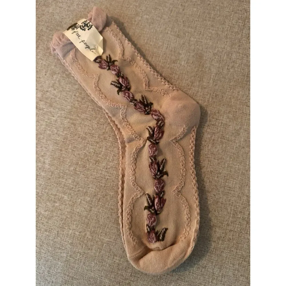 Free People Floral Embroidery Pink Socks NWT